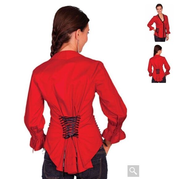 SCULLY Shirt Corset NWT Blouse Marion Ruffle Button Up Stretch Red Black Size M - Picture 2 of 14